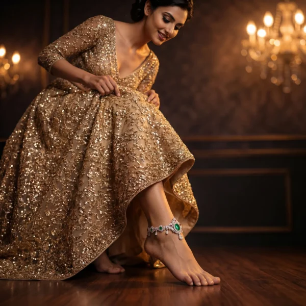 Luxury silver anklet with emerald gemstone on model