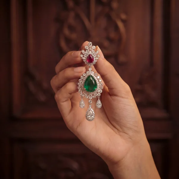 Person holding a single Empress earring to show intricate diamond detail.