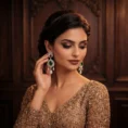 Woman wearing Empress emerald earrings with a gold bridal gown.