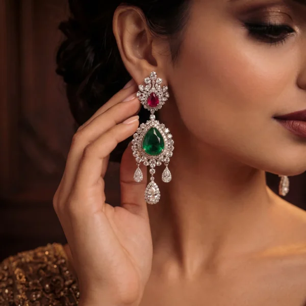 Detailed close-up of Empress earring featuring a teardrop emerald.