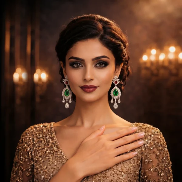 Front portrait of a model showcasing the Empress jewelry set.