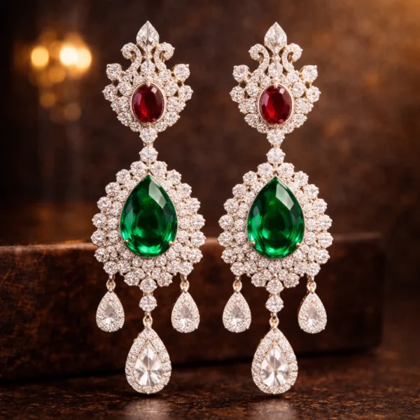 Pair of Empress chandelier earrings with emeralds and rubies.