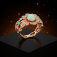 Rose gold floral ring with opal and emeralds