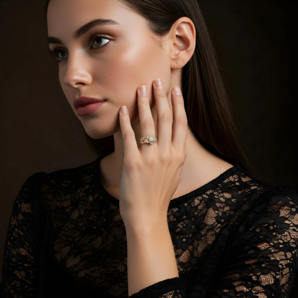 Model wearing Enchanted Bloom rose gold opal ring