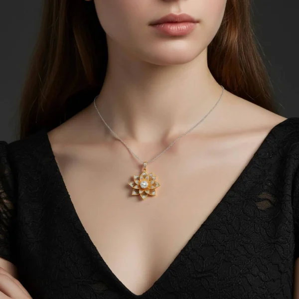 Model wearing the Eterna Lotus Royale necklace with a black lace dress.