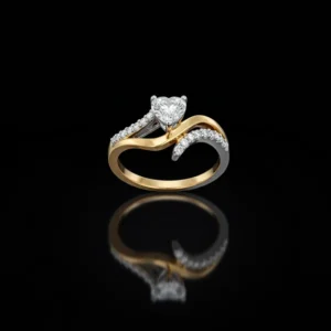 Heart-shaped diamond ring on black background.