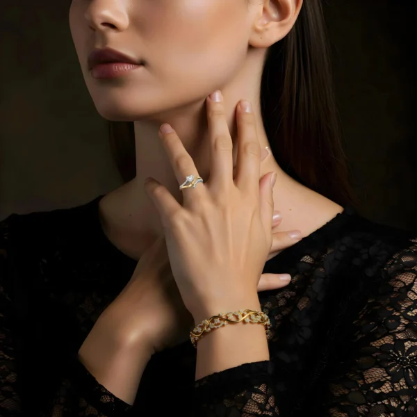 eternal-wave-ring-bracelet-set Woman wearing Eternal Wave ring and gold bracelet.