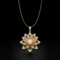Gold lotus pendant with a center pearl and diamond accents.