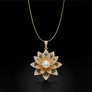 Gold lotus pendant with a center pearl and diamond accents.