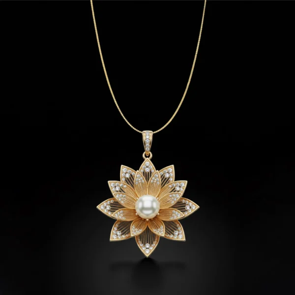 Gold lotus pendant with a center pearl and diamond accents.