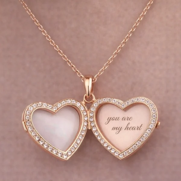 Open rose gold heart locket with "you are my heart" engraved inside.