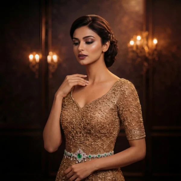 Elegant lifestyle shot of an heirloom emerald waist chain on a gold dress.