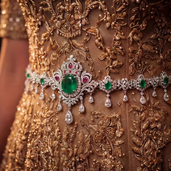 Close-up of intricate gold embroidery and emerald waist chain.