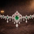 Studio display of a luxury emerald and ruby heirloom waist chain.