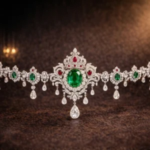 Studio display of a luxury emerald and ruby heirloom waist chain.