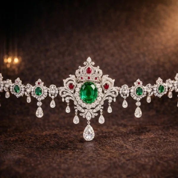 Studio display of a luxury emerald and ruby heirloom waist chain.