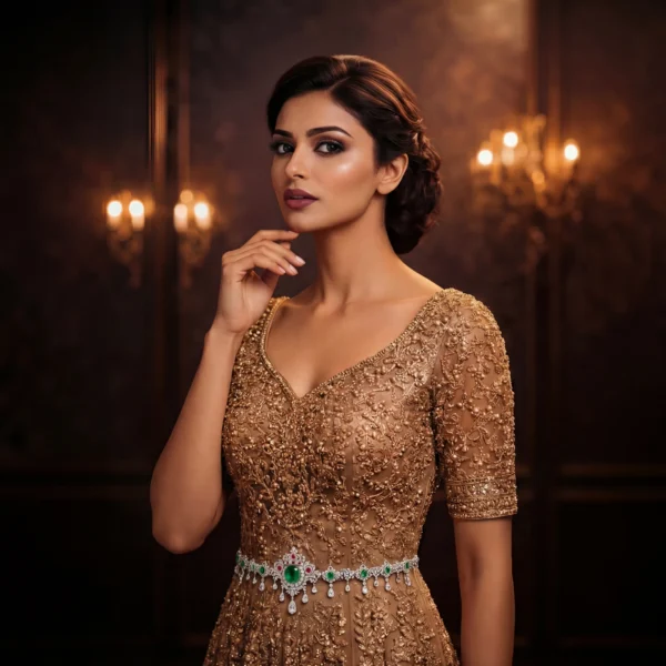 Portrait of a model showcasing a luxury emerald studded waist belt.