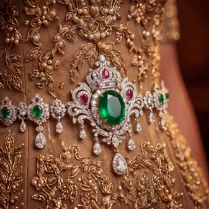 Detailed shot of ruby and emerald gemstones on a handcrafted waist chain.