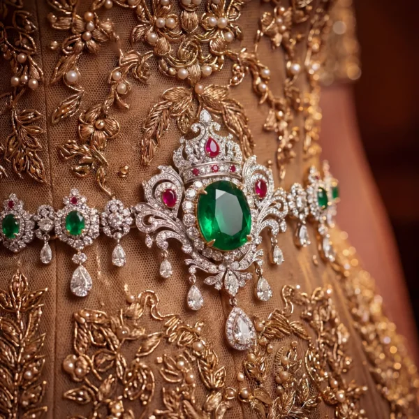 Detailed shot of ruby and emerald gemstones on a handcrafted waist chain.