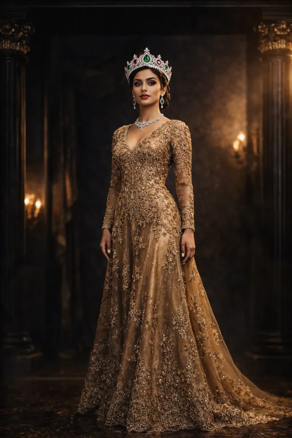 Woman wearing Imperial Tiara and gold lace gown
