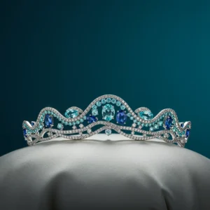 Silver tiara with aquamarine and blue gemstones.