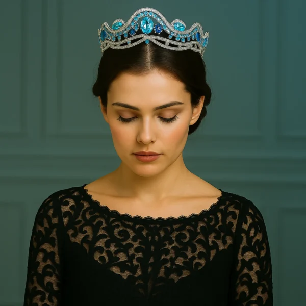 Woman wearing the Isla Tiara with eyes closed.
