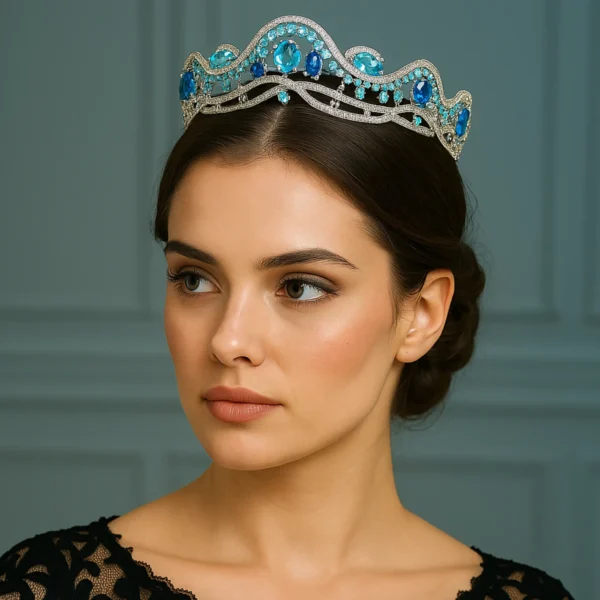 Side profile of a model wearing a blue gemstone tiara.