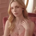 A model wearing a rose gold heart locket necklace in a luxury pink setting.