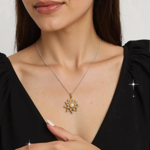 Front view of the Eterna Lotus Royale necklace worn by a model.