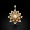 Detailed close-up of the lotus-shaped gold and pearl pendant.