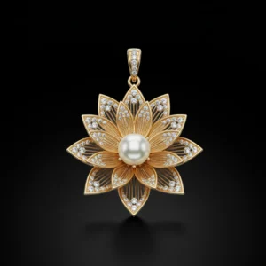 Detailed close-up of the lotus-shaped gold and pearl pendant.