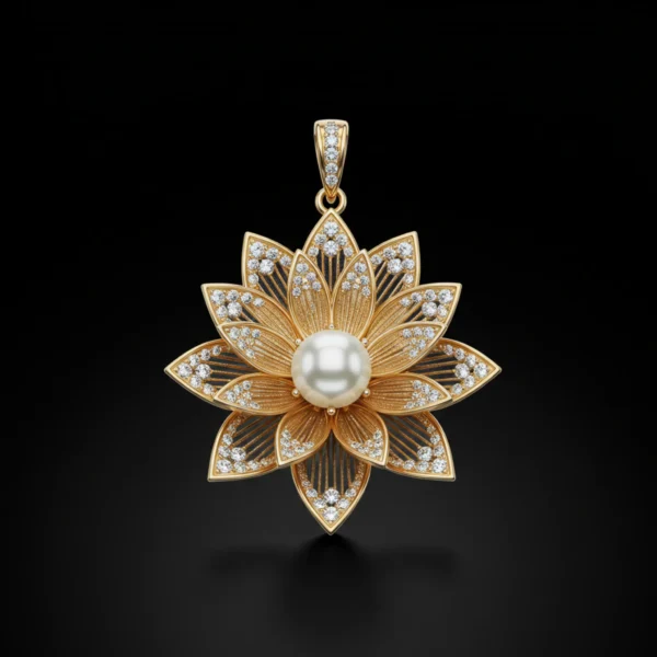 Detailed close-up of the lotus-shaped gold and pearl pendant.