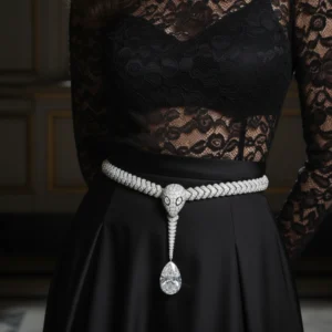 Diamond snake belt on black lace dress