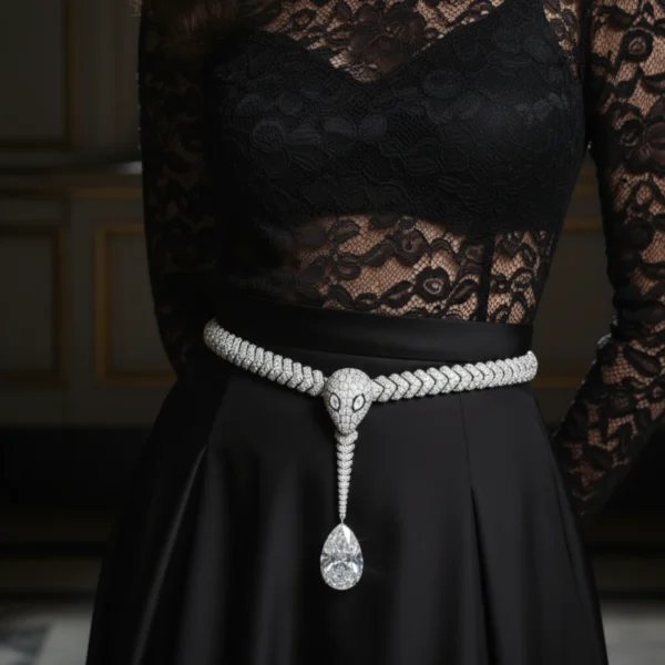 Diamond snake belt on black lace dress