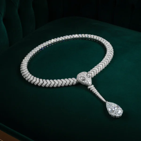 Luxury diamond serpent necklace on green velvet
