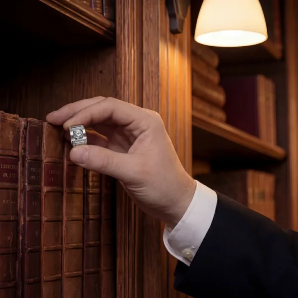 Hand holding Luxura Statement ring in a library setting.
