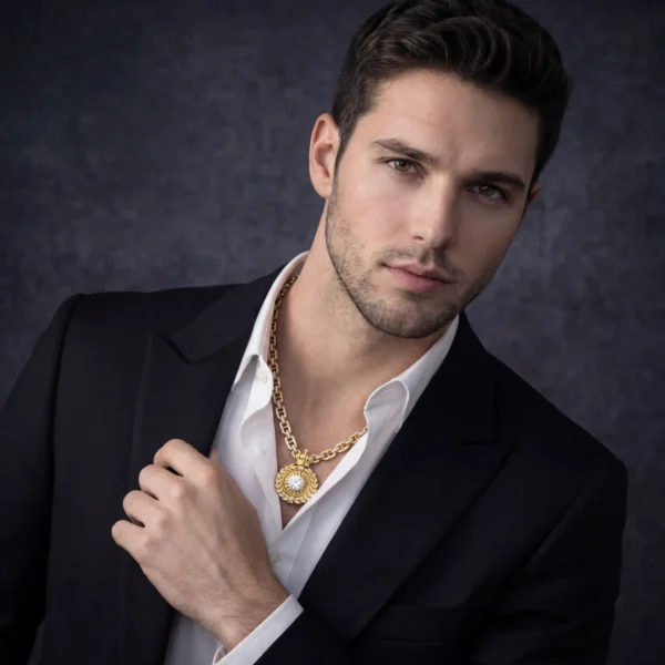 Man wearing gold Chain of Command necklace with a black blazer and white shirt.