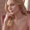Elegant rose gold necklace with a teardrop stone on a blonde woman.