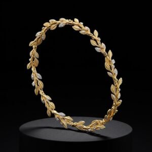 18k gold Elora Vine bracelet with diamonds on black pedestal.