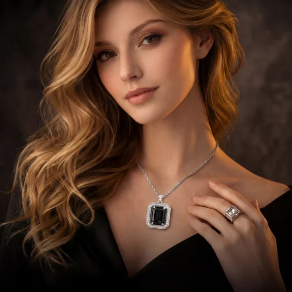 Elegant woman wearing Noir Pendent with luxury black dress.
