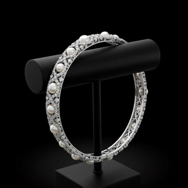 oasis-elegance-pearl-diamond-bracelet 18k white gold bracelet with round white pearls and diamonds on a black display stand.