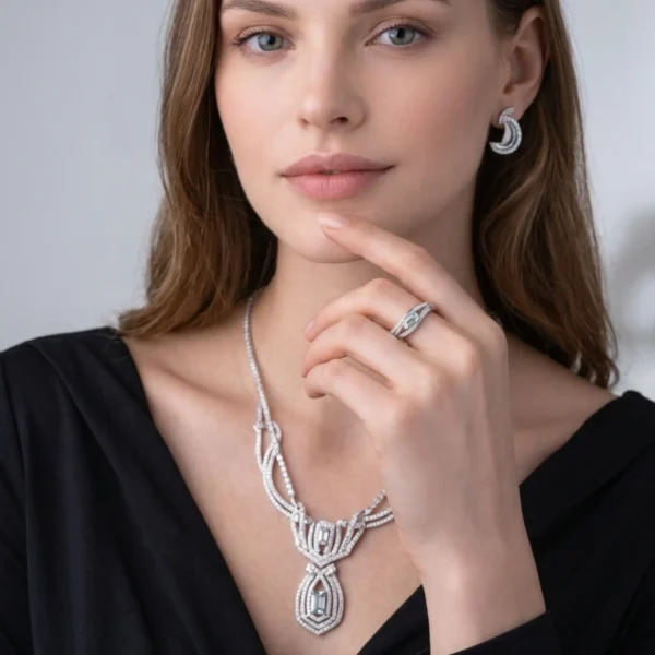 Woman wearing Pulse ring, necklace, and earrings.