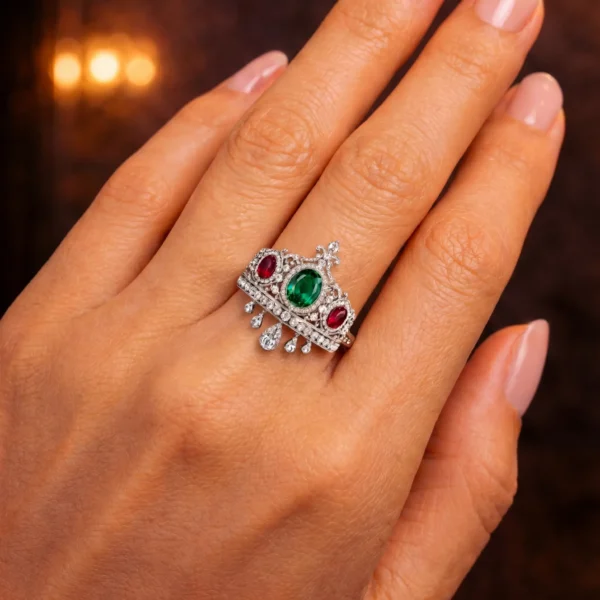 Sovereign crown ring displayed on a hand.