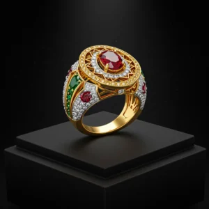 Ornate gold ring with oval ruby and emerald accents.