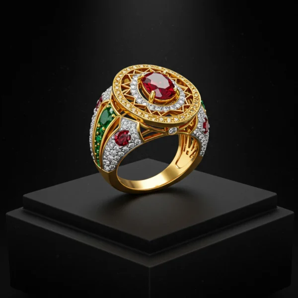 royal-opulence-ruby-gold-ring Ornate gold ring with oval ruby and emerald accents.