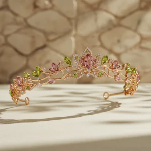 Detailed view of the gold Shalimar Tiara with floral gemstone accents.