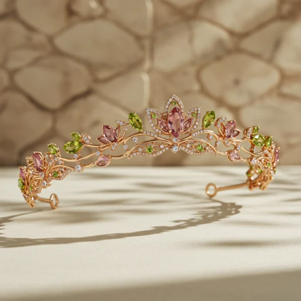 shalimar-tiara Detailed view of the gold Shalimar Tiara with floral gemstone accents.
