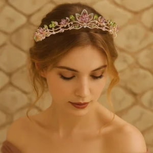 Woman wearing the gold Shalimar Tiara with pink and green gemstones.