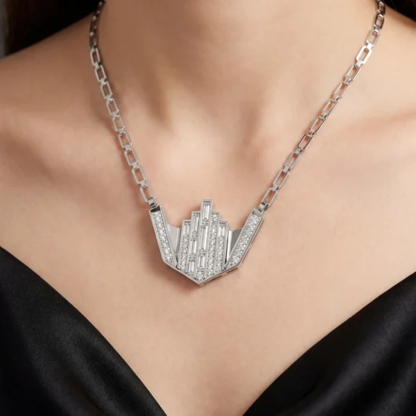 Detailed view of art deco skyline pendant on woman.