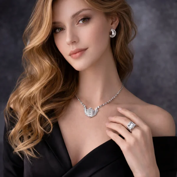 Woman wearing skyline necklace, ring, and earrings.